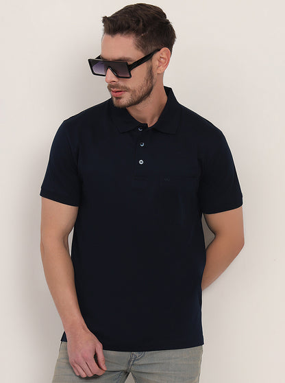 Navy Blue Solid Regular Fit Polo T-Shirt | JadeBlue