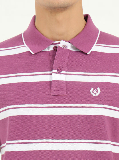 White & Lavender Striped Slim Fit Polo T-Shirt | Greenfibre