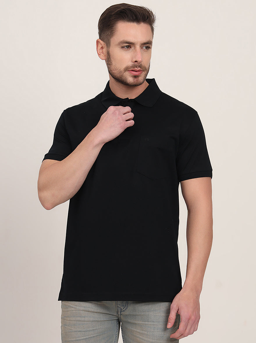 Black Solid Regular Fit Polo T-Shirt | JadeBlue