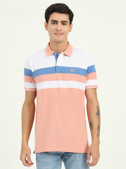 White & Peach Striped Slim Fit Polo T-Shirt | Greenfibre