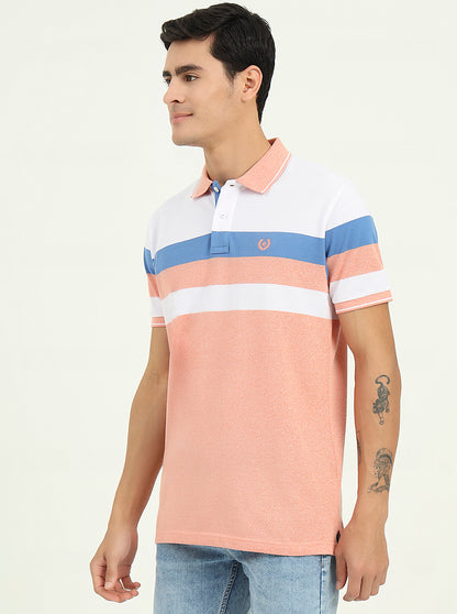 White & Peach Striped Slim Fit Polo T-Shirt | Greenfibre