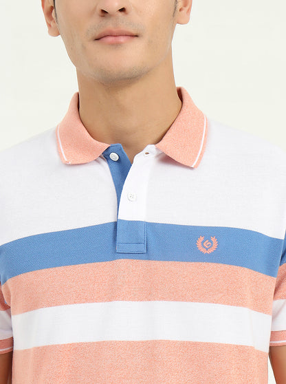 White & Peach Striped Slim Fit Polo T-Shirt | Greenfibre