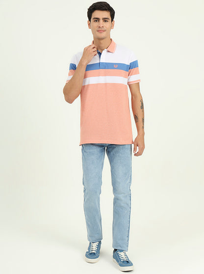 White & Peach Striped Slim Fit Polo T-Shirt | Greenfibre