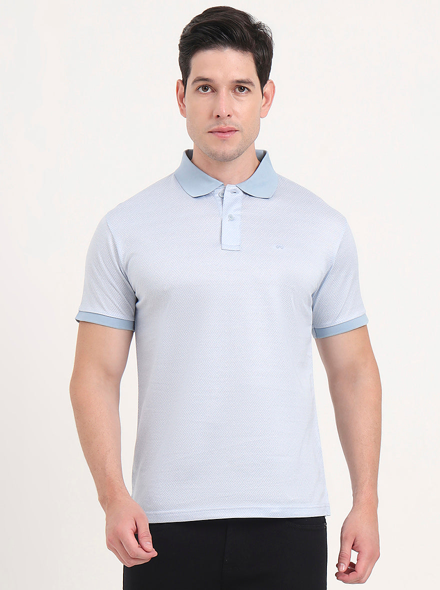 Sky Blue Printed Regular Fit Polo T-Shirt | JadeBlue
