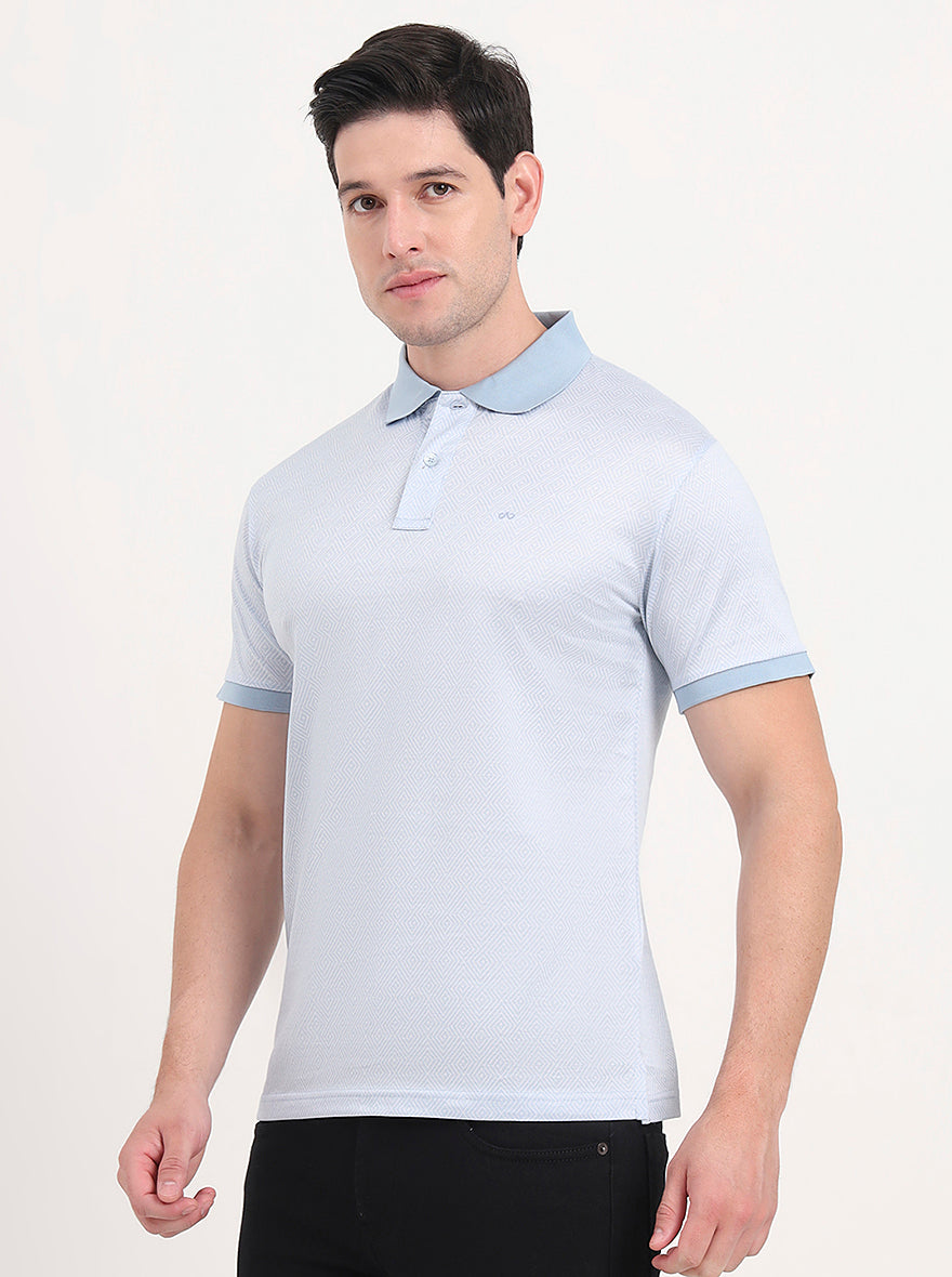 Sky Blue Printed Regular Fit Polo T-Shirt | JadeBlue