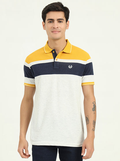Grey & Mustard Striped Slim Fit Polo T-Shirt | Greenfibre