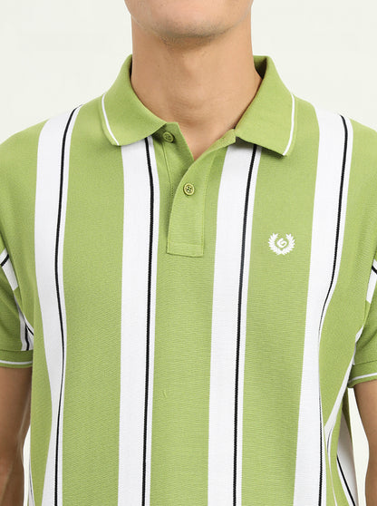 Green & White Striped Slim Fit Polo T-Shirt | Greenfibre