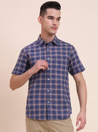 Navy Blue Checked Slim Fit Casual Shirt | Greenfibre