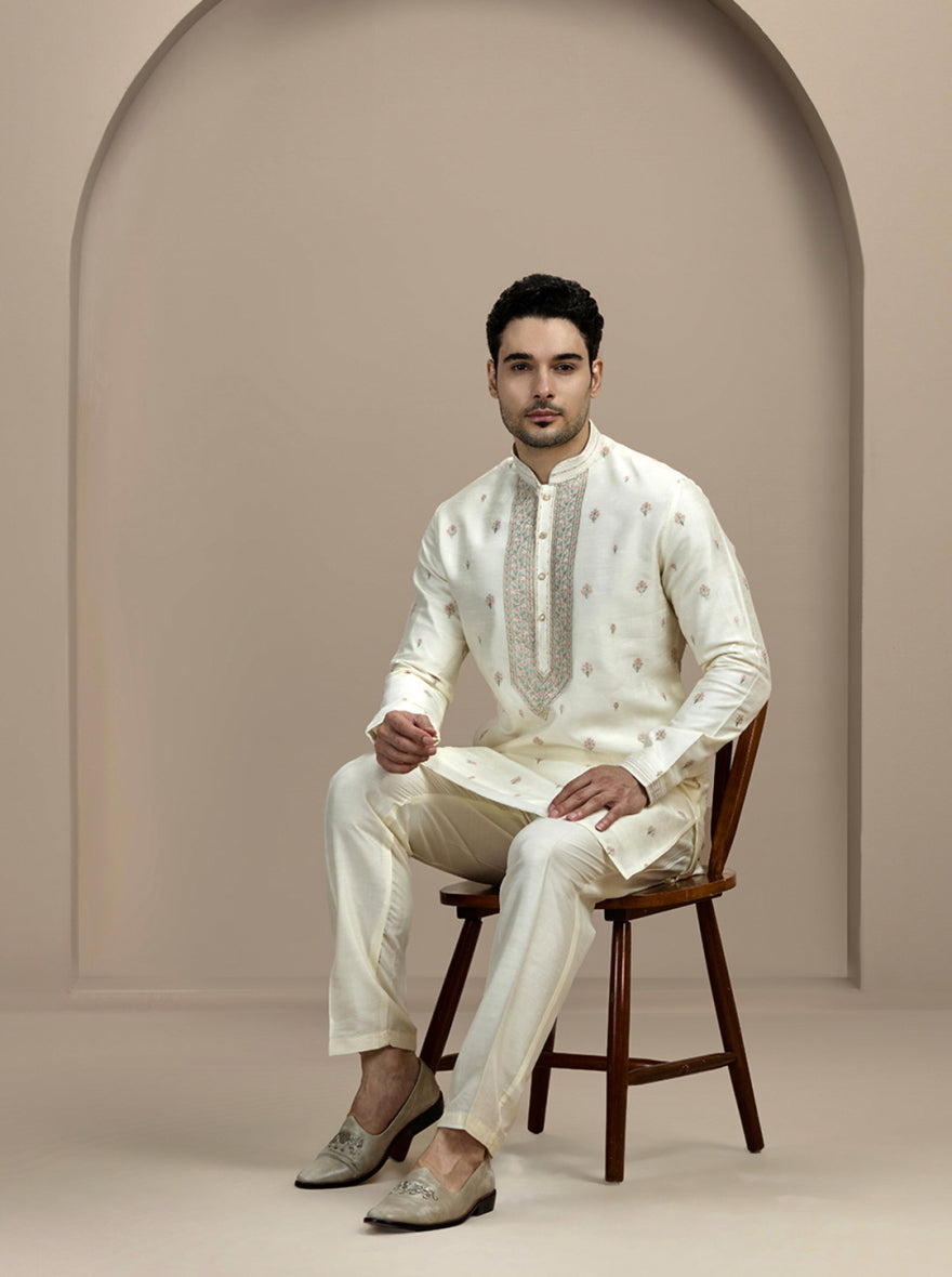Cream Embroidered Kurta Pajama | Virasana