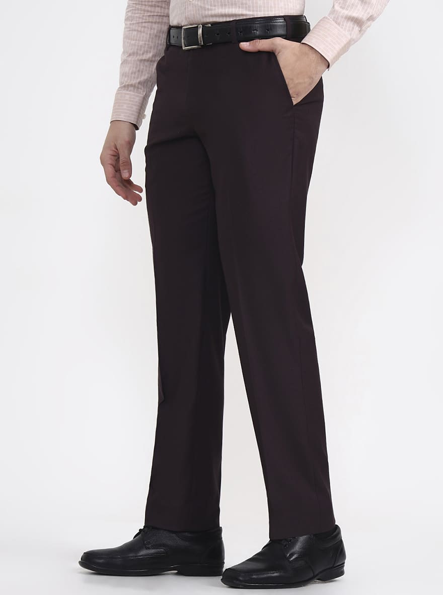 Wine Solid Regular Fit Formal Trouser | JadeBlue