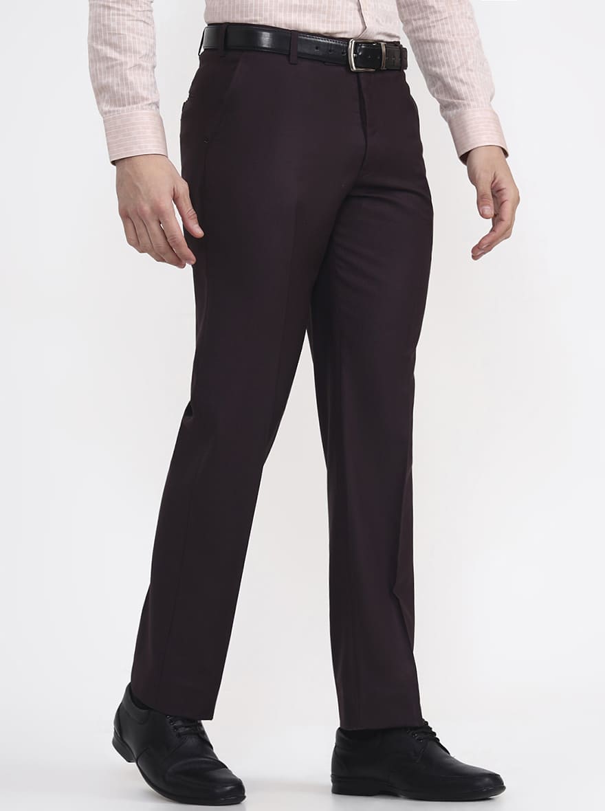 Wine Solid Regular Fit Formal Trouser | JadeBlue