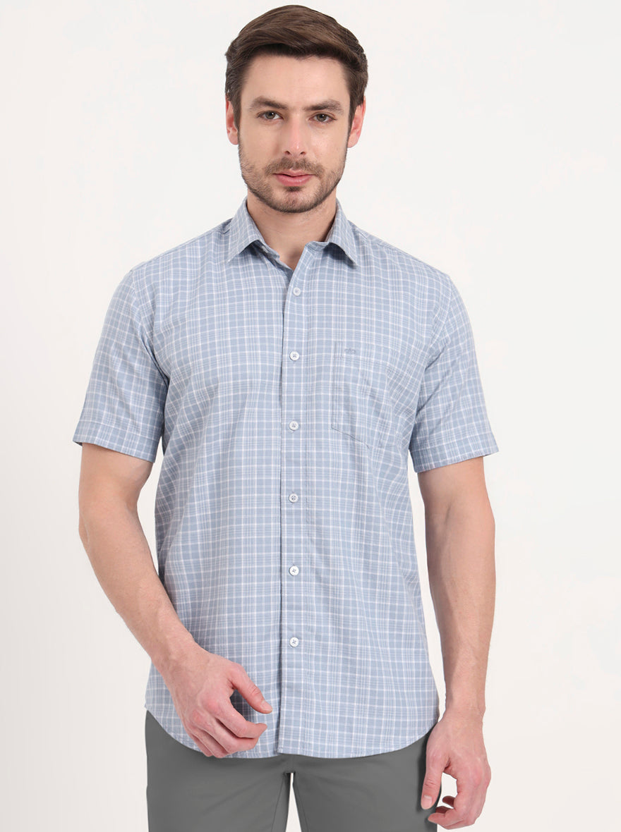 Blue Checked Tailored Fit Semi Casual Shirt | JadeBlue