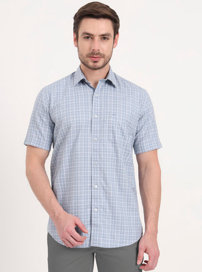 Blue Checked Tailored Fit Semi Casual Shirt | JadeBlue
