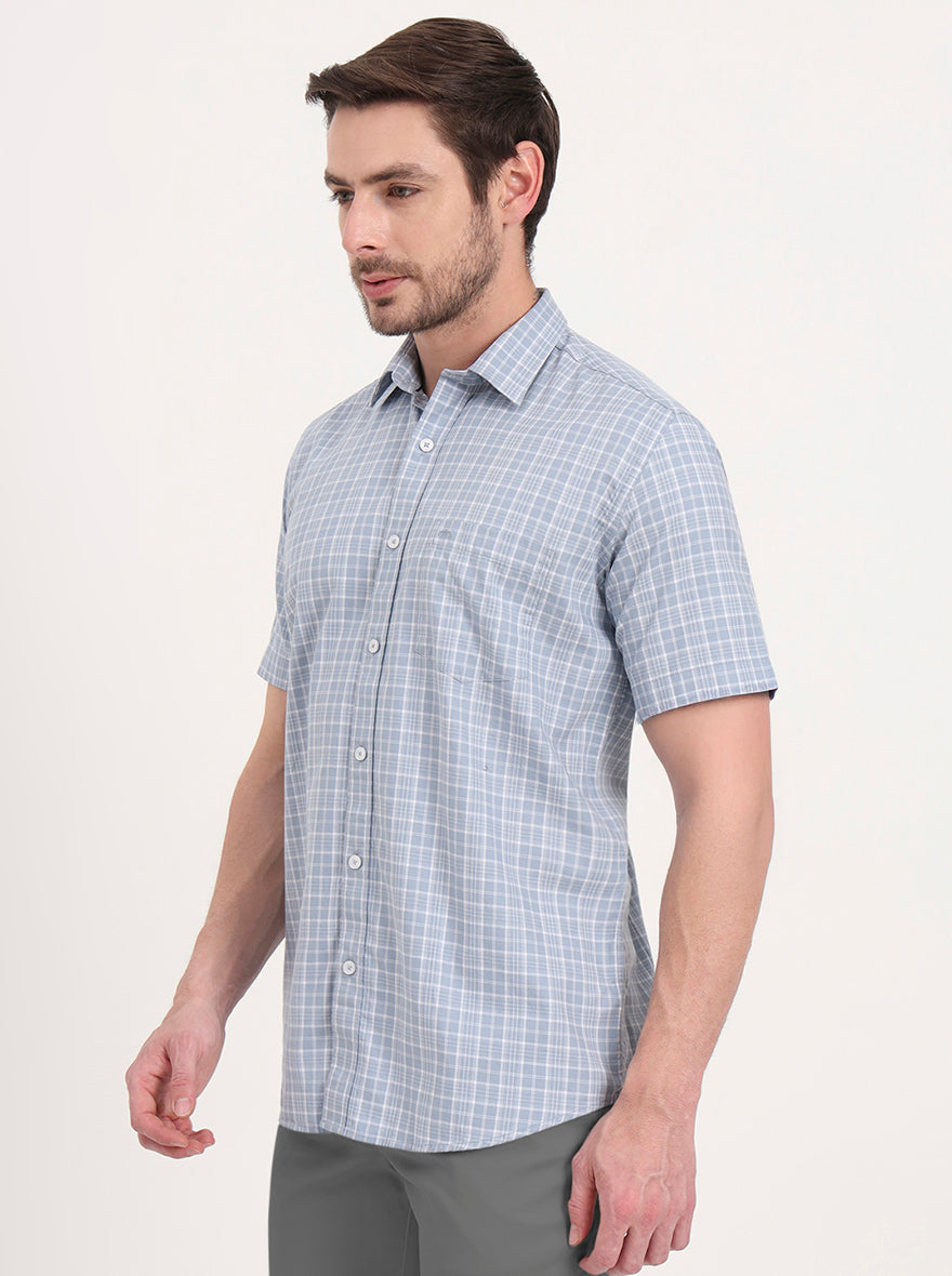 Blue Checked Tailored Fit Semi Casual Shirt | JadeBlue