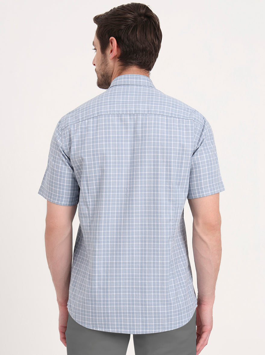 Blue Checked Tailored Fit Semi Casual Shirt | JadeBlue