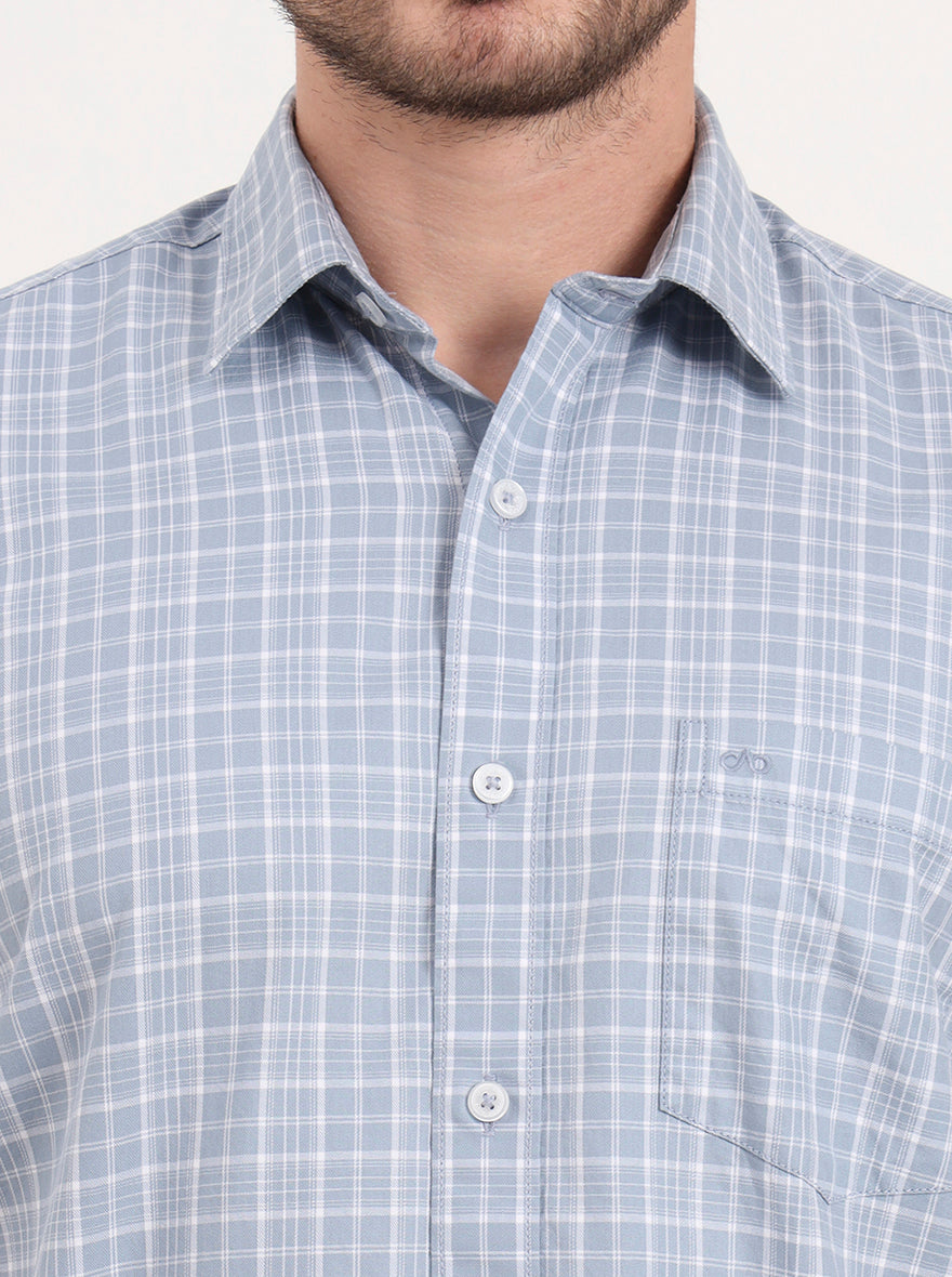 Blue Checked Tailored Fit Semi Casual Shirt | JadeBlue