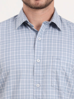 Blue Checked Tailored Fit Semi Casual Shirt | JadeBlue