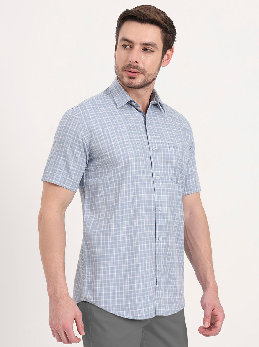 Blue Checked Tailored Fit Semi Casual Shirt | JadeBlue