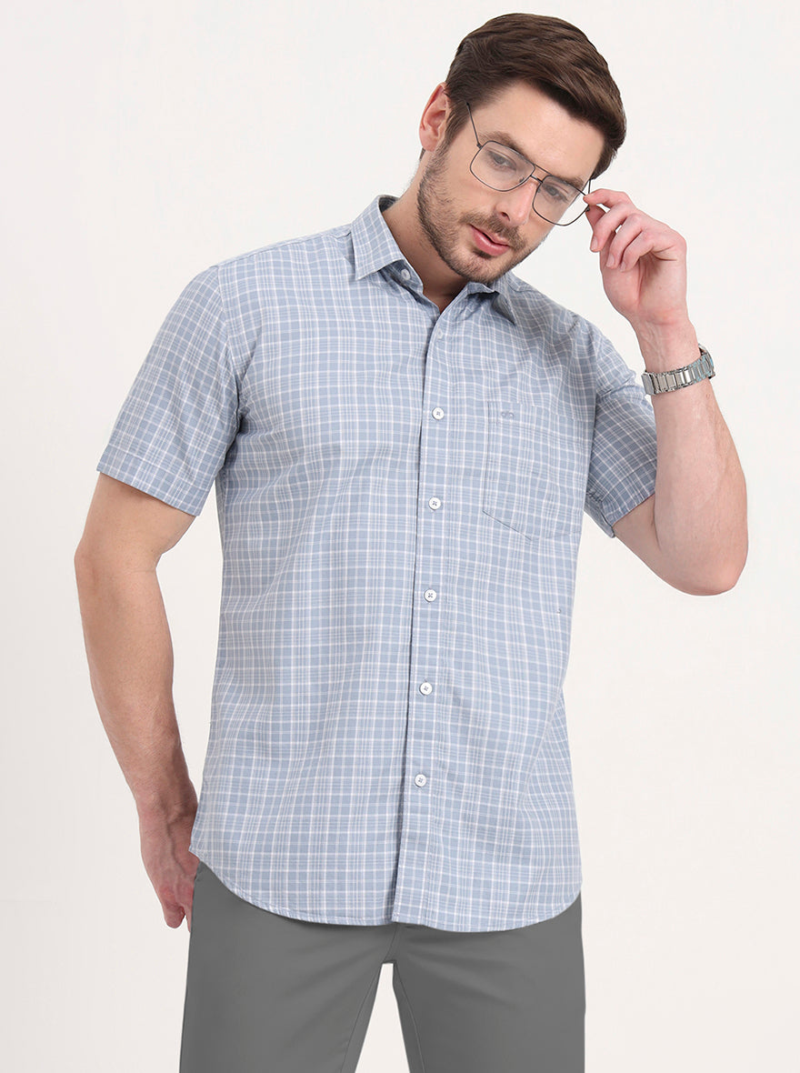Blue Checked Tailored Fit Semi Casual Shirt | JadeBlue