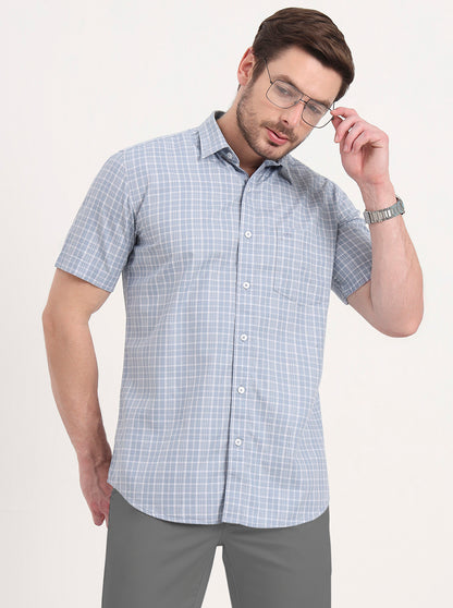 Blue Checked Tailored Fit Semi Casual Shirt | JadeBlue