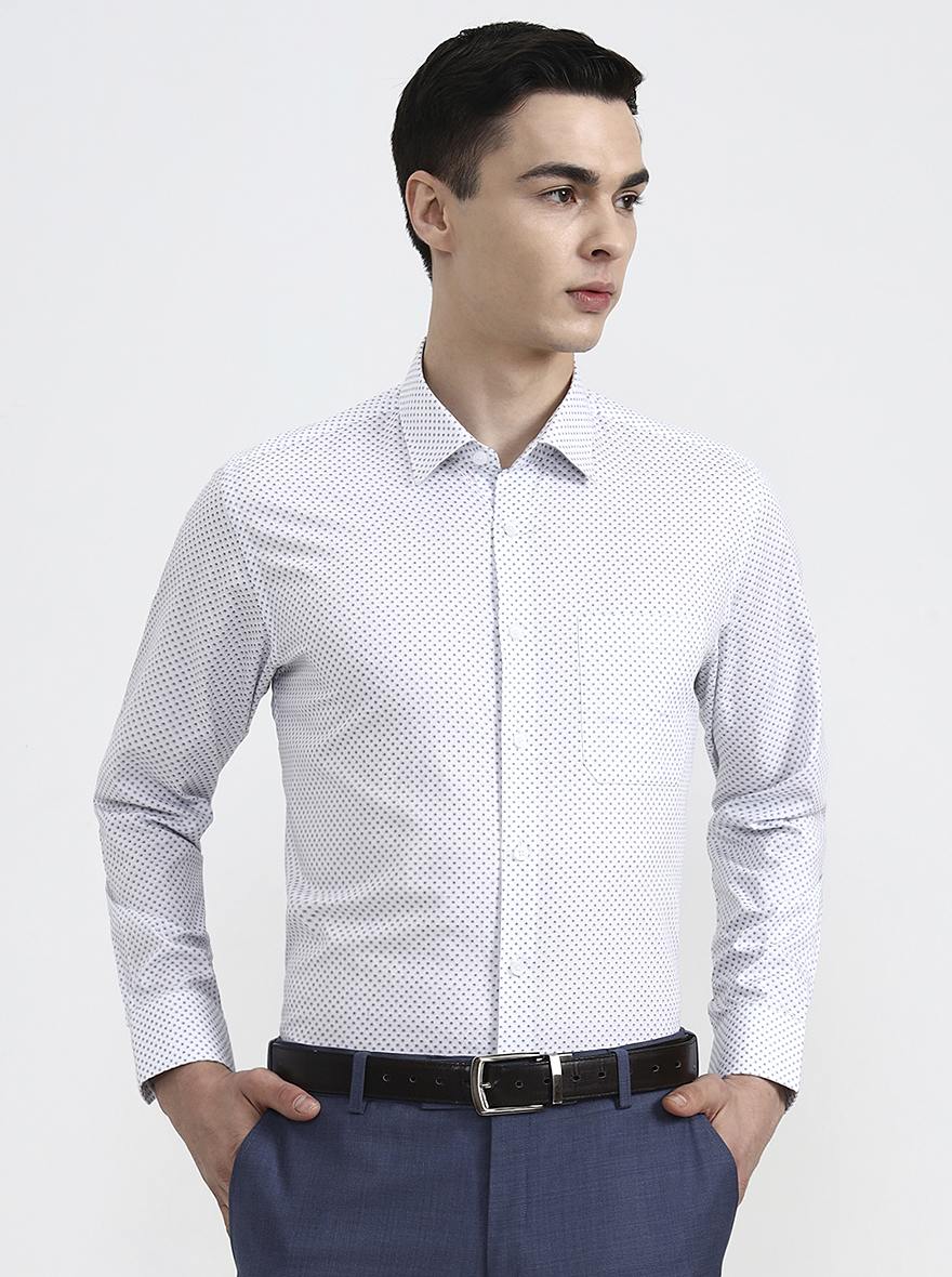 White & Base Blue Printed Regular Fit Formal Shirt | JadeBlue
