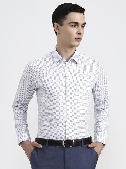 White & Base Blue Printed Regular Fit Formal Shirt | JadeBlue