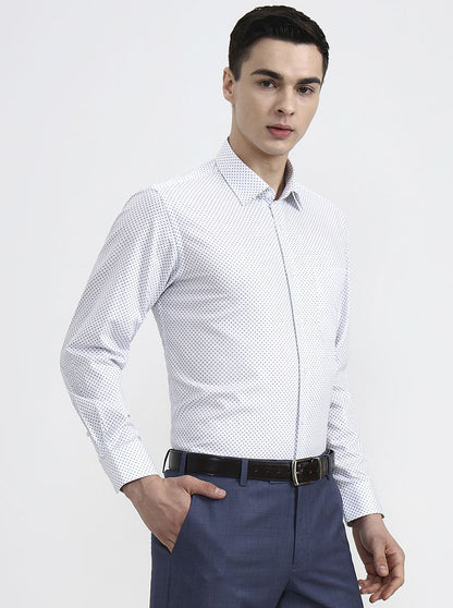 White & Base Blue Printed Regular Fit Formal Shirt | JadeBlue
