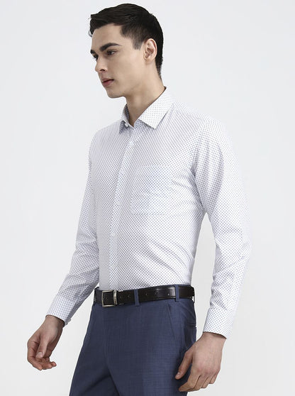 White & Base Blue Printed Regular Fit Formal Shirt | JadeBlue
