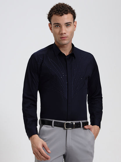 Navy Blue Printed Slim Fit Party Wear Shirt | Wyre