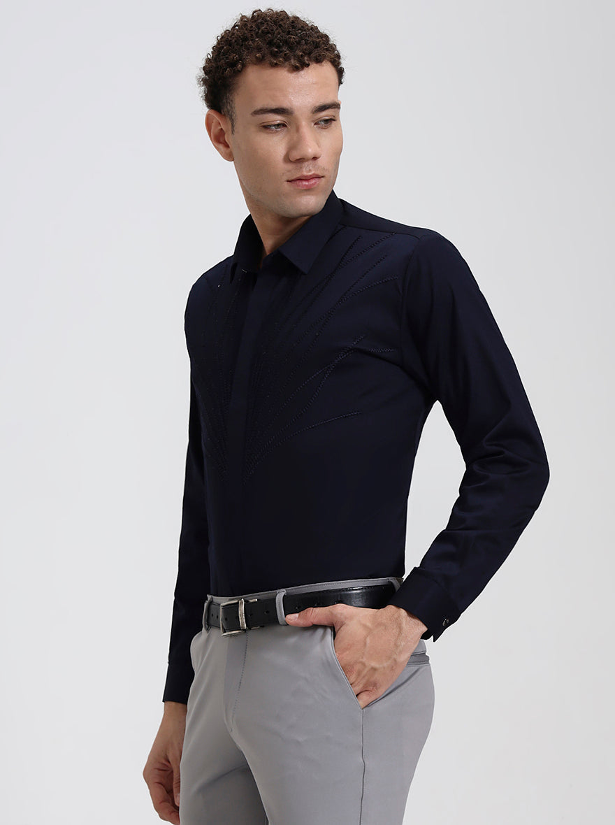 Navy Blue Printed Slim Fit Party Wear Shirt | Wyre