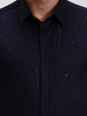 Navy Blue Printed Slim Fit Party Wear Shirt | Wyre