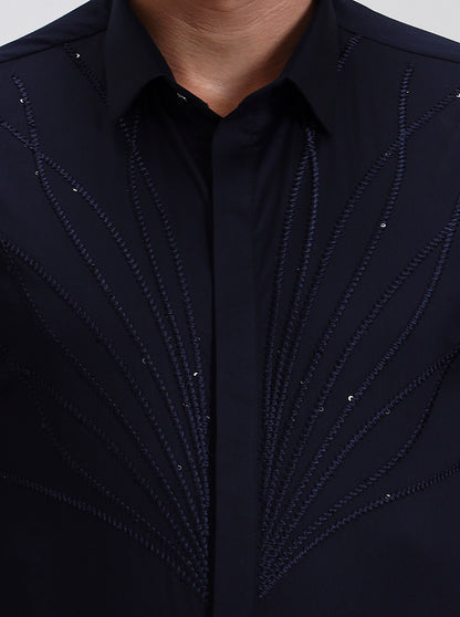 Navy Blue Printed Slim Fit Party Wear Shirt | Wyre