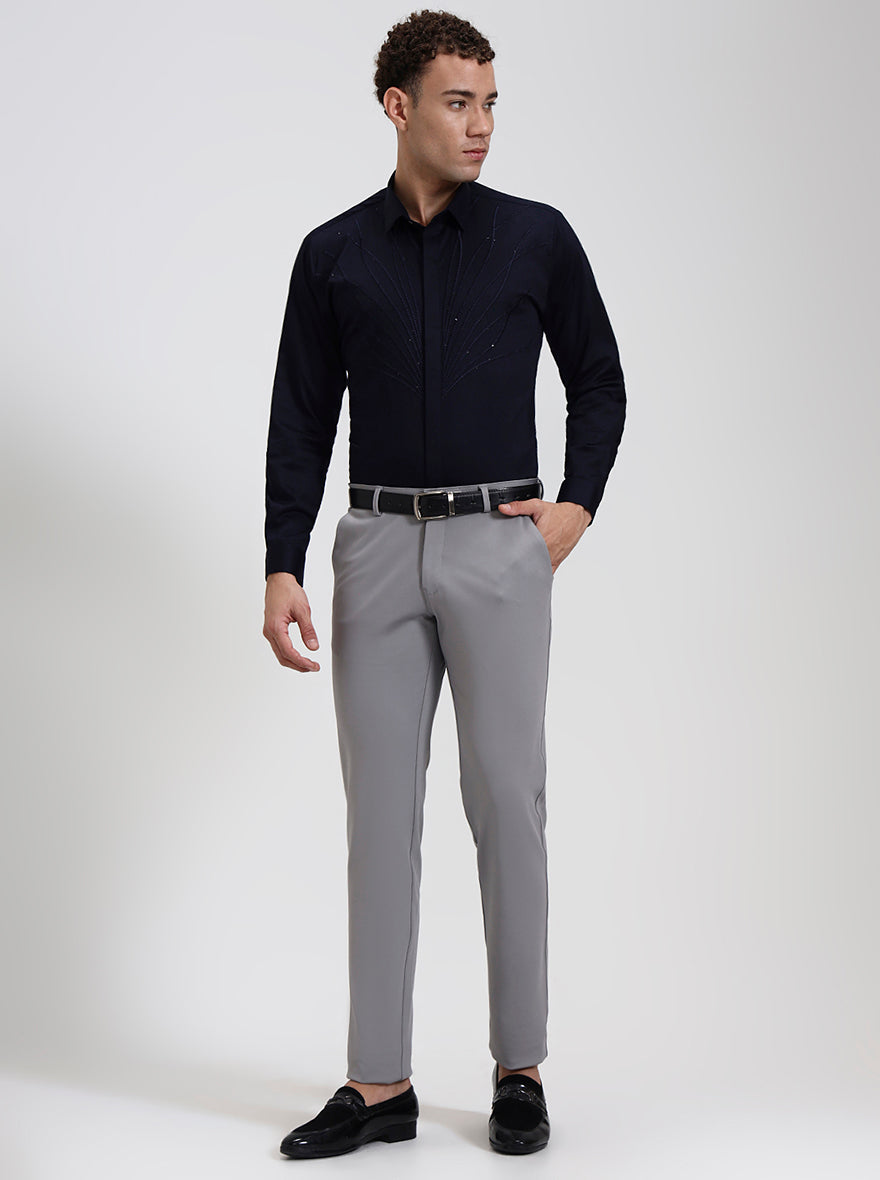 Navy Blue Printed Slim Fit Party Wear Shirt | Wyre