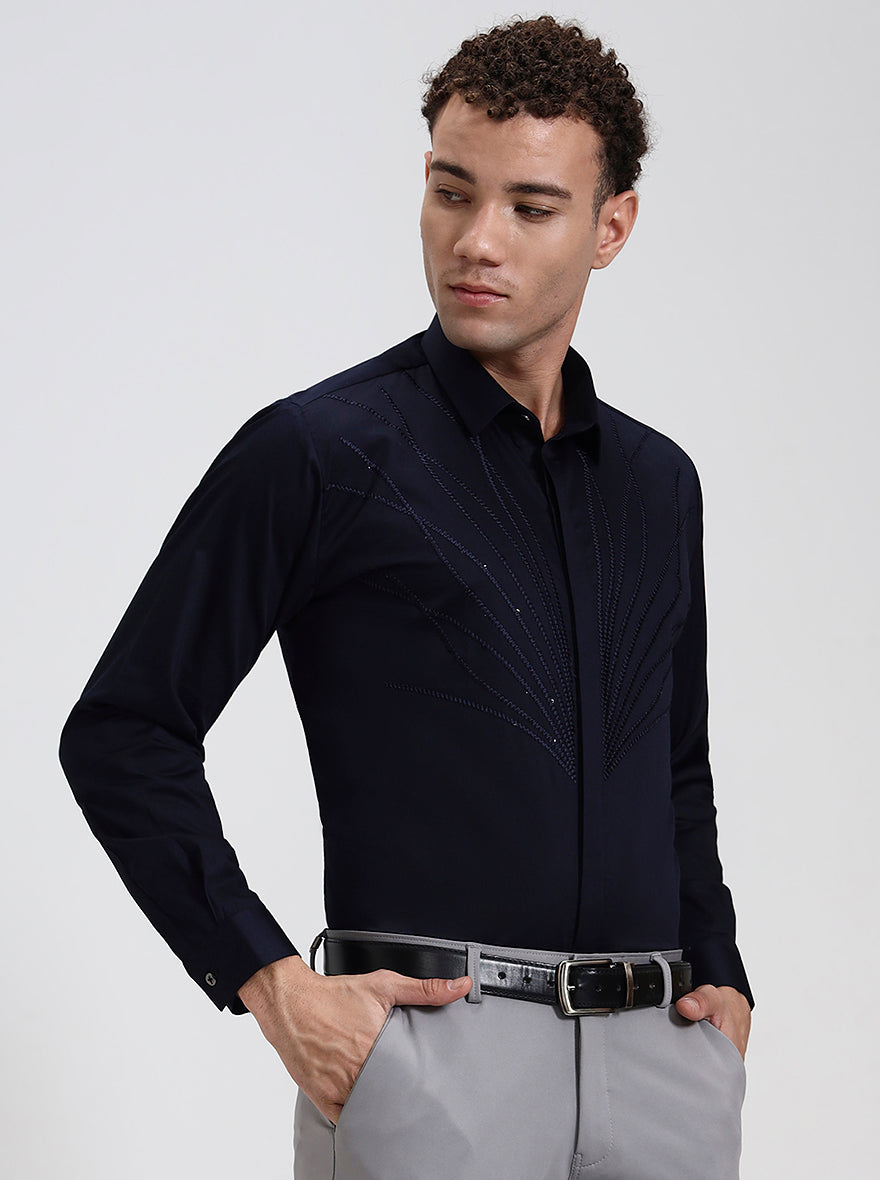 Navy Blue Printed Slim Fit Party Wear Shirt | Wyre