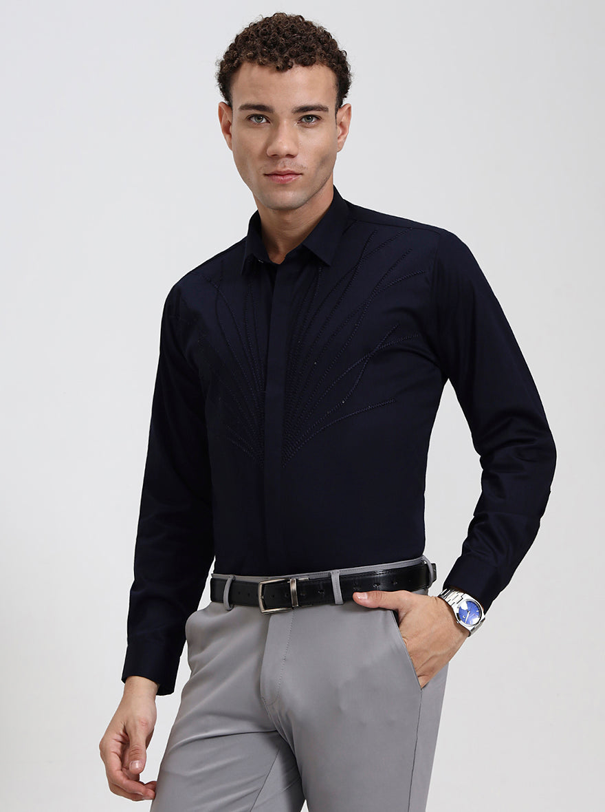 Navy Blue Printed Slim Fit Party Wear Shirt | Wyre