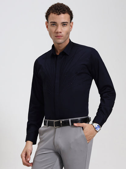 Navy Blue Printed Slim Fit Party Wear Shirt | Wyre