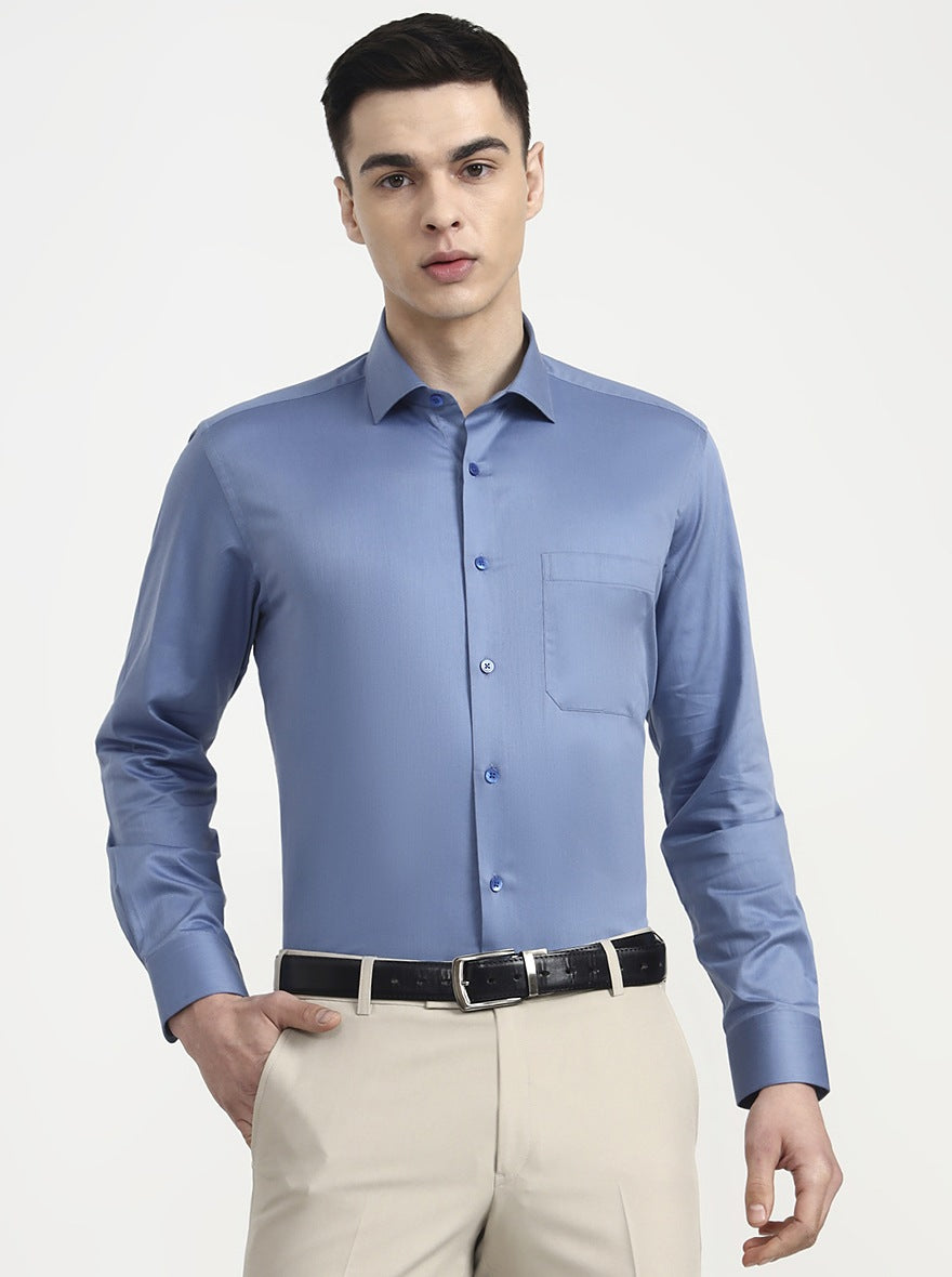 Blue Solid Regular Fit Formal Shirt | Metal