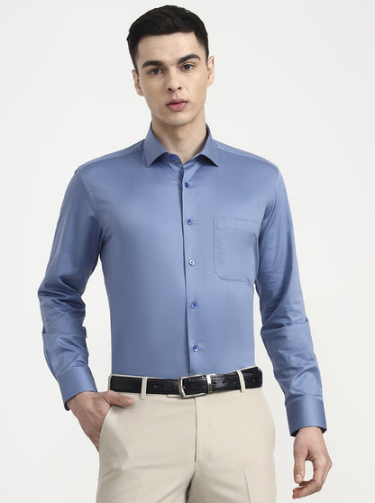 Blue Solid Regular Fit Formal Shirt | Metal