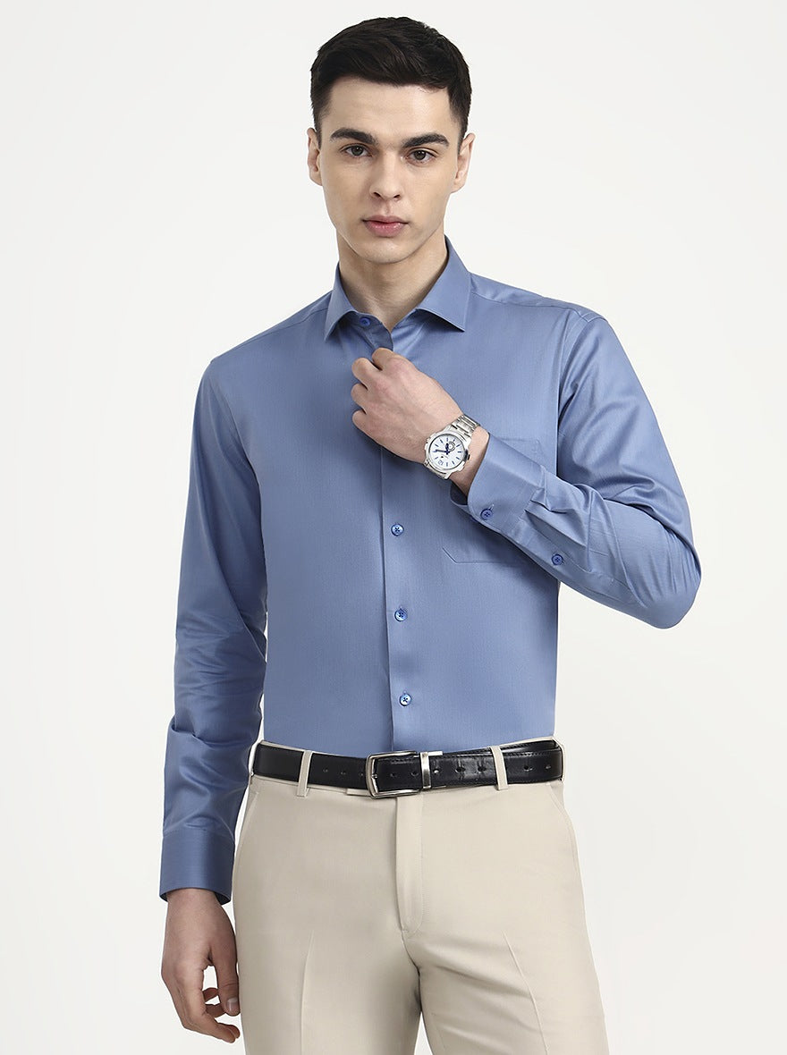 Blue Solid Regular Fit Formal Shirt | Metal