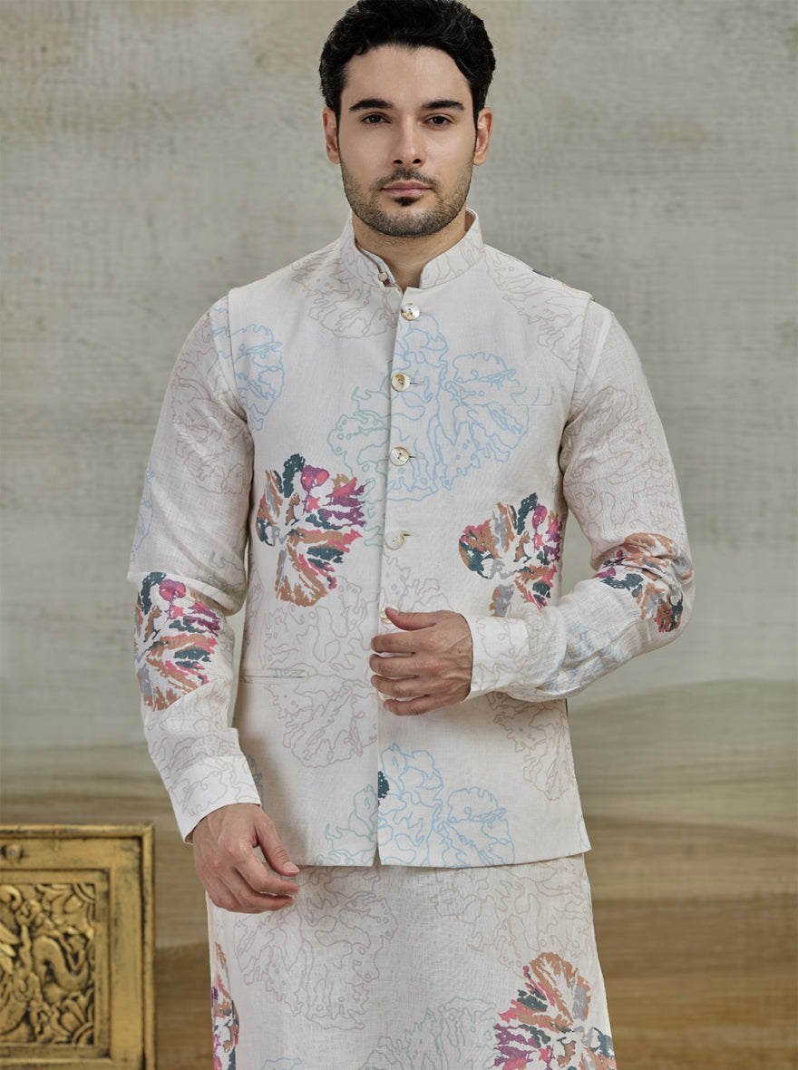 Cream Printed Kurta Pajama with Koti | TULA