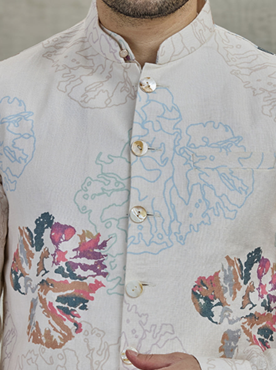 Cream Printed Kurta Pajama with Koti | TULA