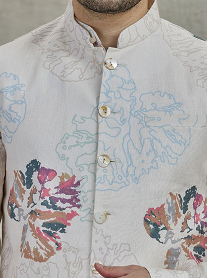 Cream Printed Kurta Pajama with Koti | TULA