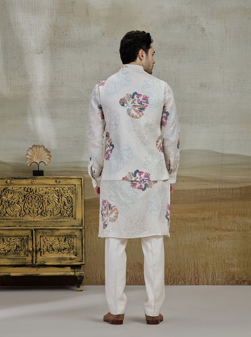 Cream Printed Kurta Pajama with Koti | TULA