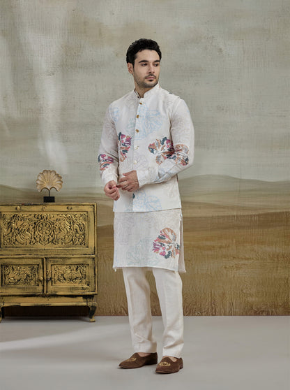 Cream Printed Kurta Pajama with Koti | TULA
