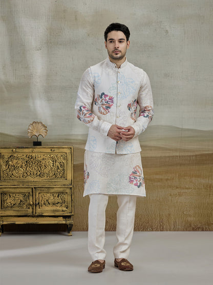 Cream Printed Kurta Pajama with Koti | TULA