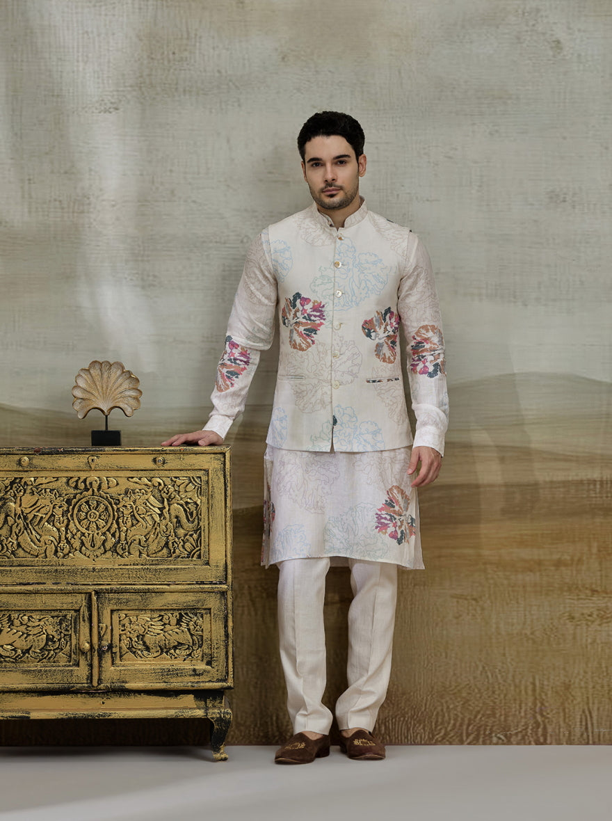 Cream Printed Kurta Pajama with Koti | TULA