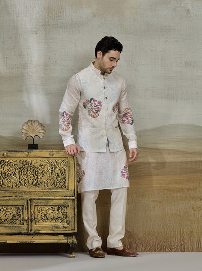 Cream Printed Kurta Pajama with Koti | TULA