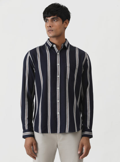 Navy Blue Striped Slim Fit Casual Shirt | Greenfibre