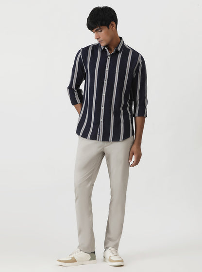 Navy Blue Striped Slim Fit Casual Shirt | Greenfibre