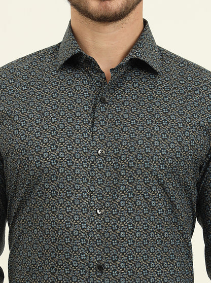 Navy Blue Printed Slim Fit Formal Shirt | Metal